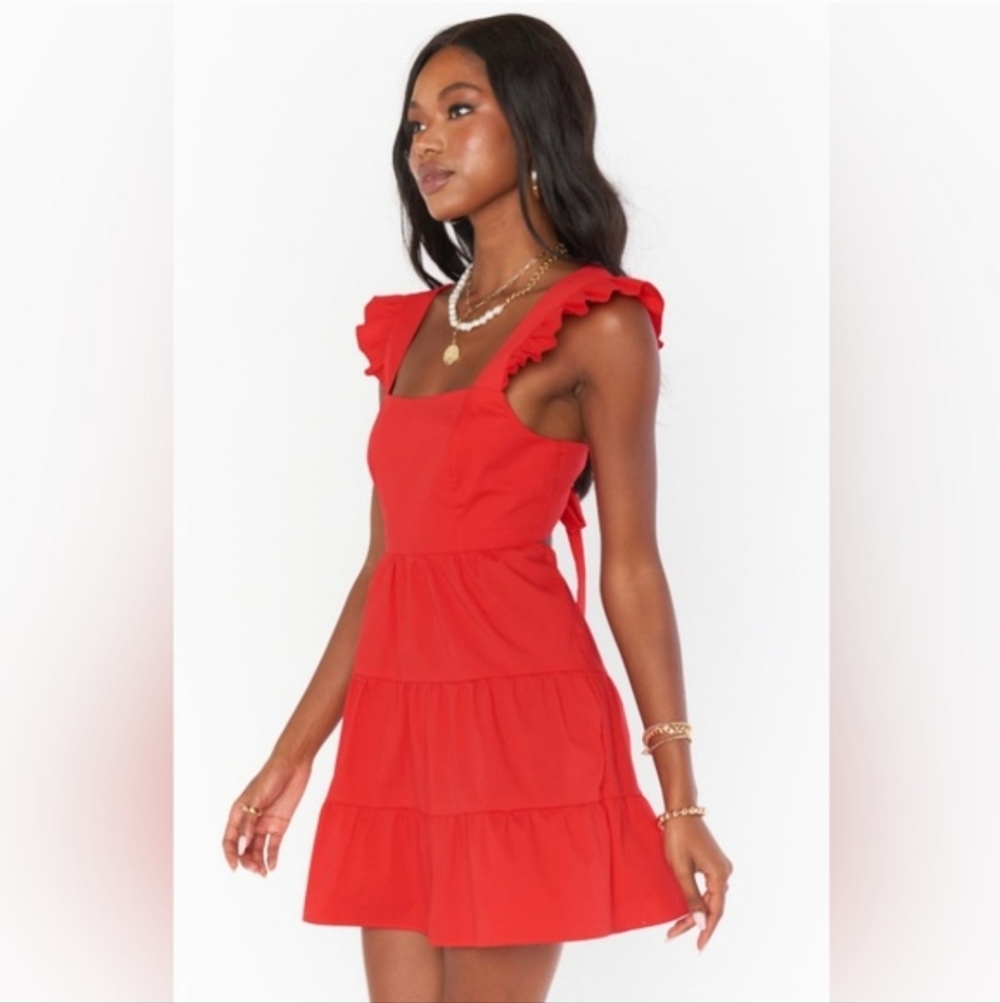 Show Me Your MuMu Lovely Mini Dress Red Poplin Ruffle Straps Tie Back - Picture 3 of 8